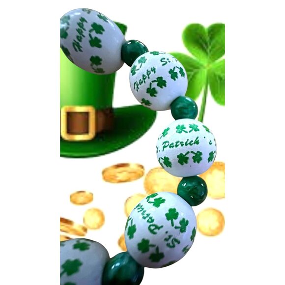 Happy St Patricks Day Shamrock Wood Beaded Stretch Bracelet Marbled Acce… - Picture 7 of 12